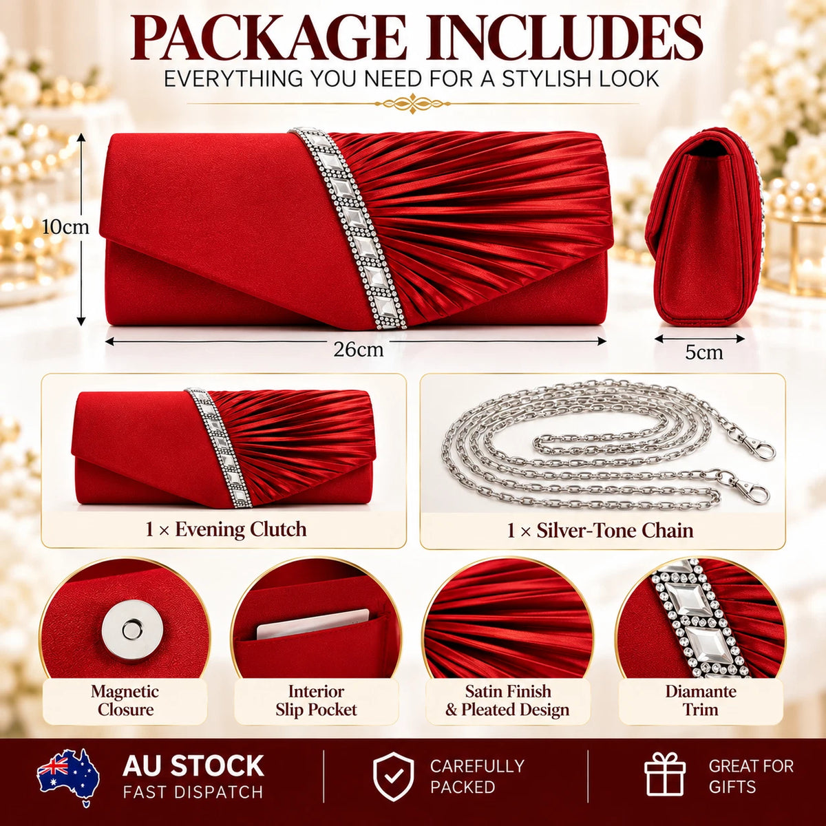 Women Satin Pleated Diamante Evening Clutch Bag Wedding Bridal Party Chain Bags 8 Colour