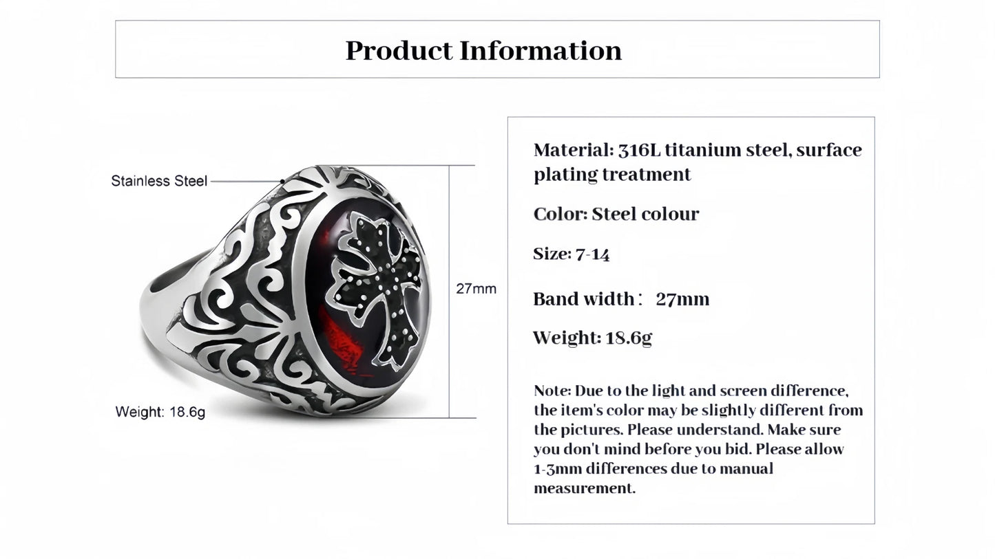 Men Gothic Cross Ring Silver with Black Cross & Red Inlay Punk Biker Signet Band # R37