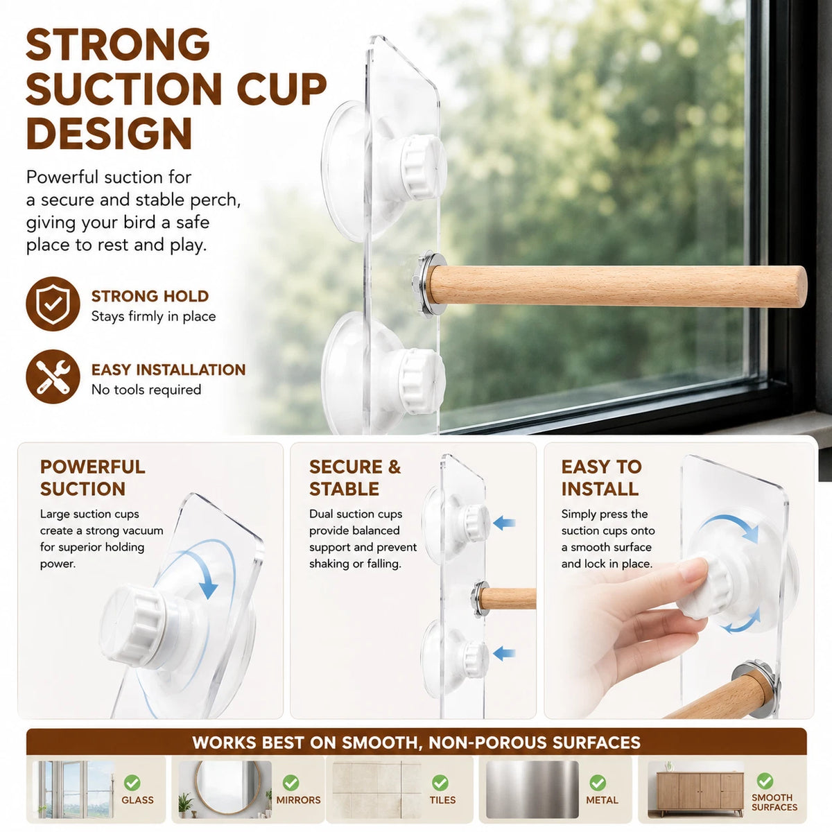 Natural Wood Bird Window Perch 25cm Suction Cup Seat Stand For Budgie Cockatiel