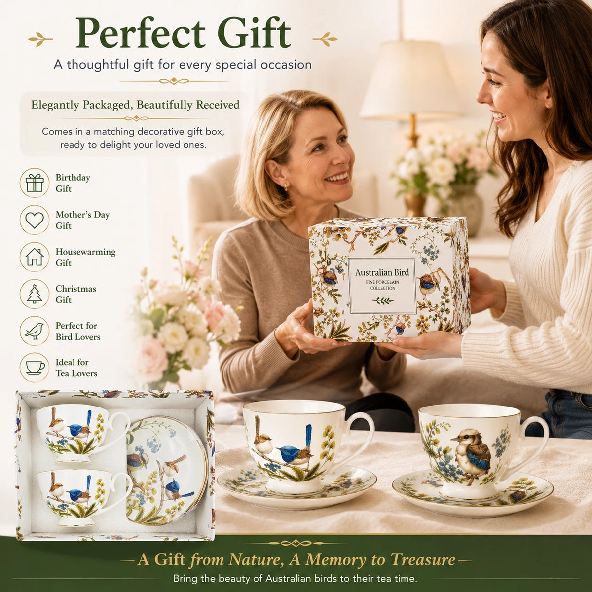 Set of 2 Cups & Saucers 250cc Australian Birds Blue Wren Fine Porcelain Gift Box