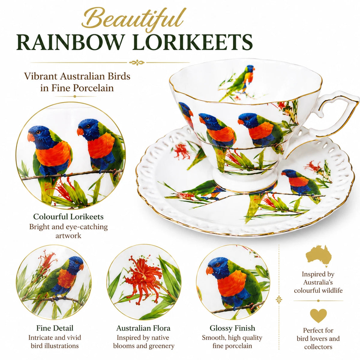 Set of 2 Cups & Saucers 250cc Rainbow Lorikeets Bird Fine Porcelain Gift Box