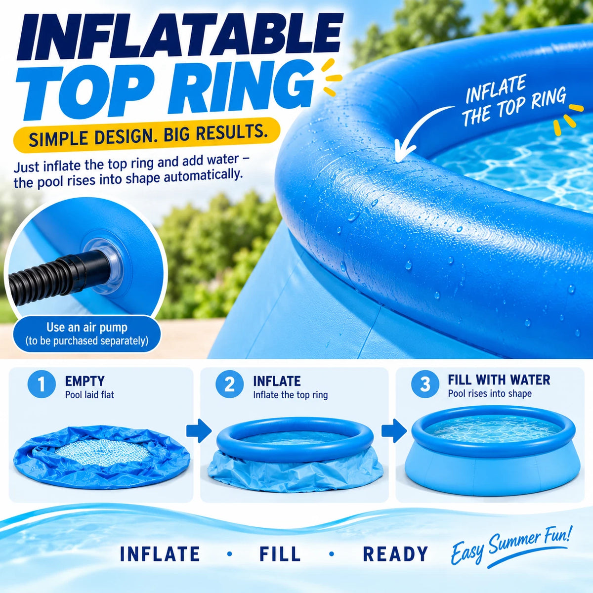 Large Inflatable Round Swimming Pool Easy Set Backyard Family Pool 183/244/305cm