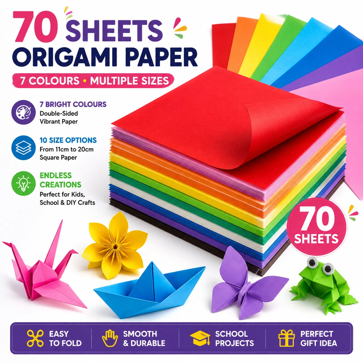 2 Pack 70 Sheets Origami Paper 7 Colours Square Folding Craft Paper Mixed Sizes DIY Kid