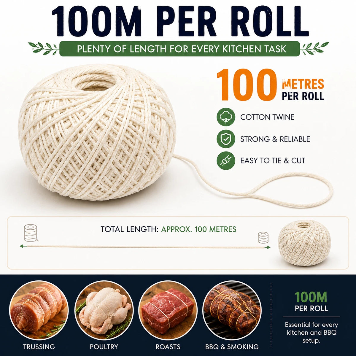 2x 100M Cotton Butcher Twine Cooking String Meat Trussing Roast BBQ Kitchen