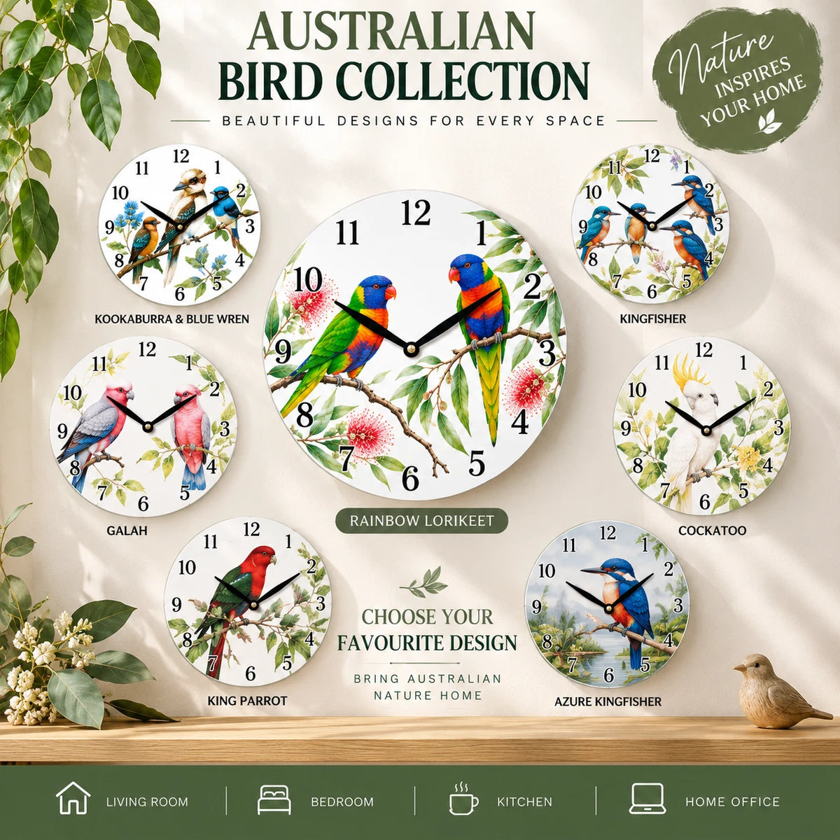 28.8cm Wall Clock Australian Birds Animal Wildlife MDF Round Home Decor