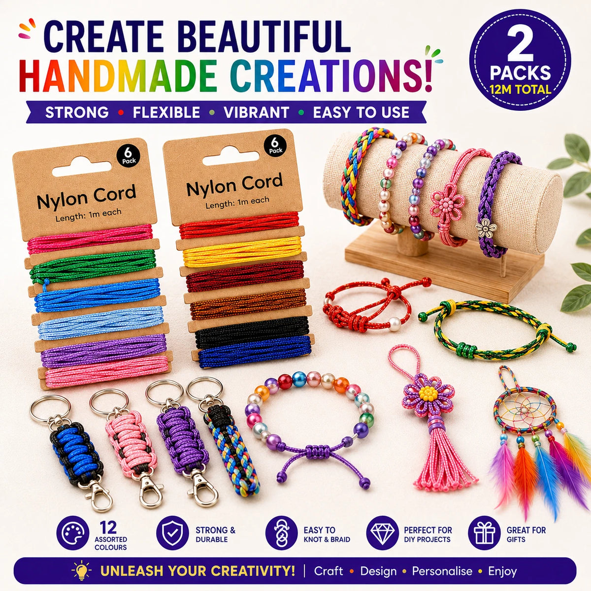 2 PACK Nylon Cord Assorted Colours Craft String Jewellery Braiding DIY 6 x 1M