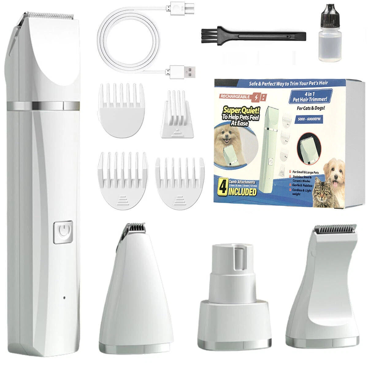 4 in 1 Pet Grooming Clipper Kit Dog Cat Hair Trimmer Nail Grinder Low-noise USB