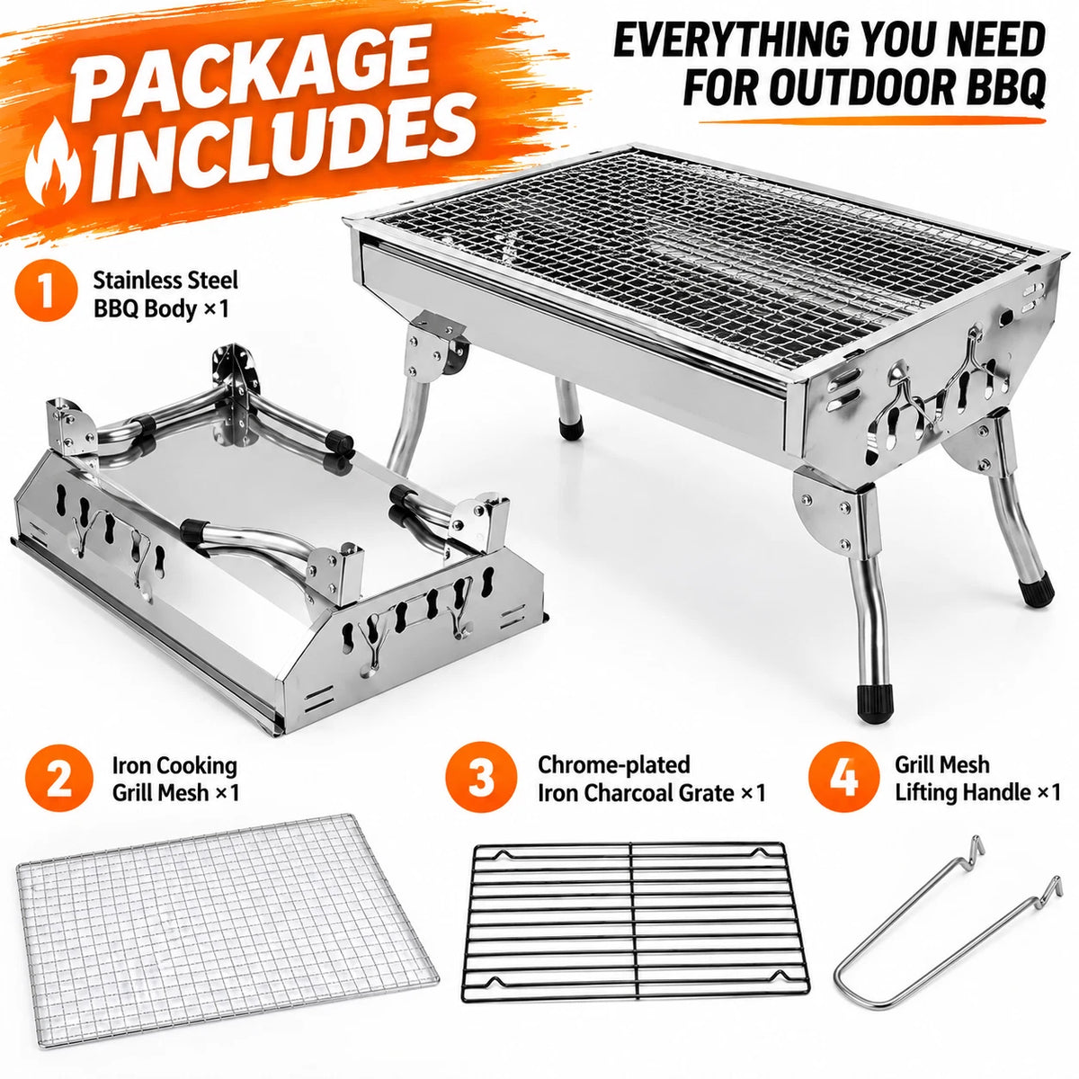 Portable Charcoal BBQ Grill 48cm Foldable Stainless Steel Camping Outdoor Barbecue #BBQHH001