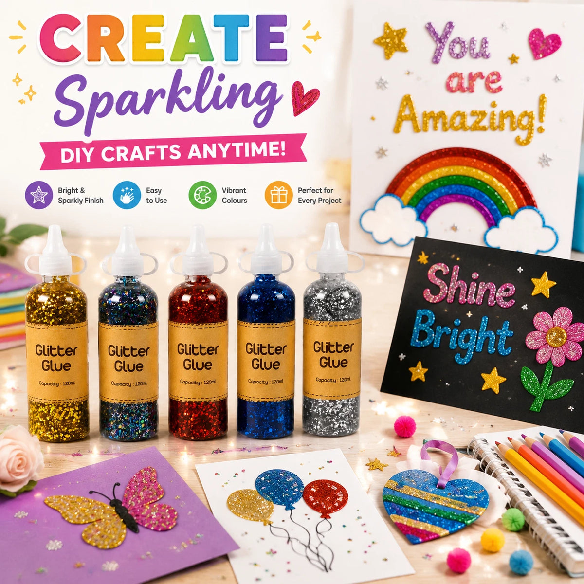 5X Craft Glitter Glue 120ml Coloured Gel Kids Crafts Scrapbooking School Project