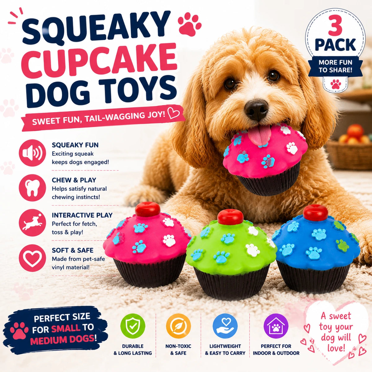 3PCS Dog Squeaky Cupcake Toys Vinyl Chew Puppy Interactive Dental Play Gift 8cm