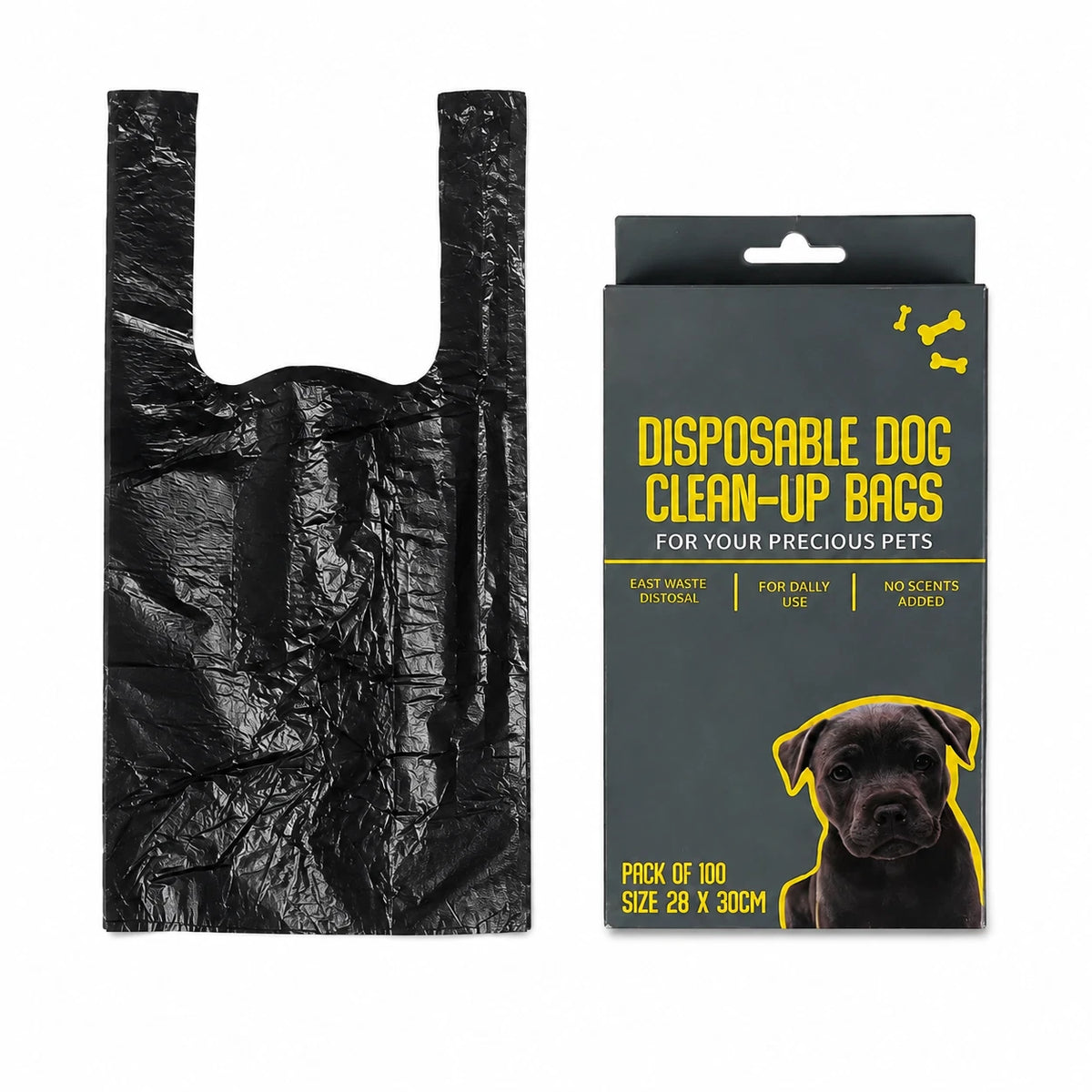100x Dog Poop Bags Disposable Waste Bags Large 28x30cm T-Shirt Clean Up Black