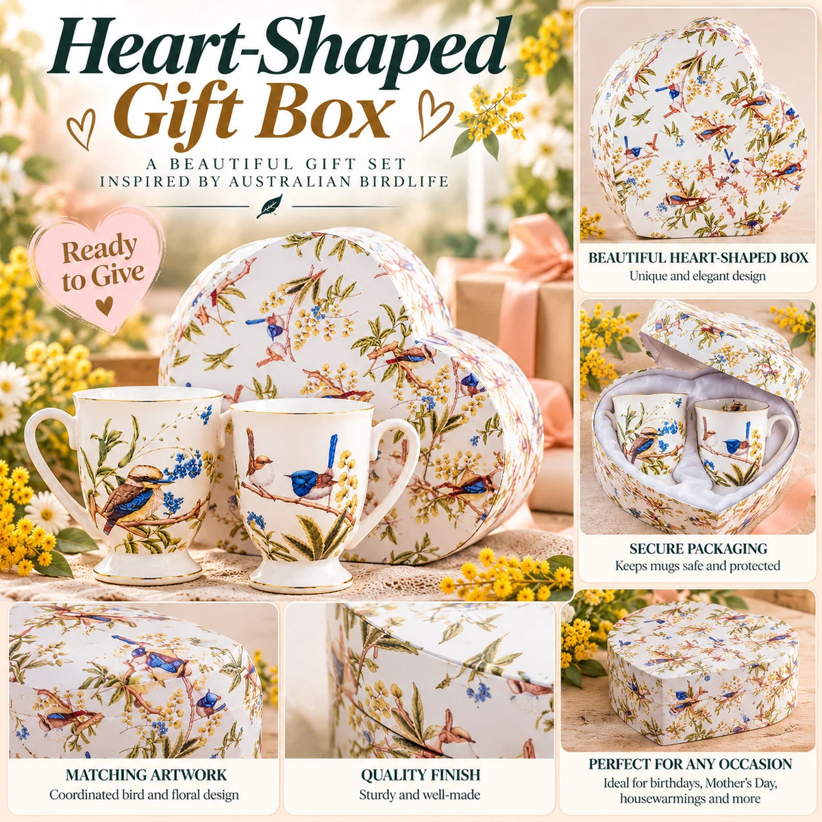 Set of 2 280cc Coffee Mug Fine Porcelain China Australian Bird Heart Gift Box