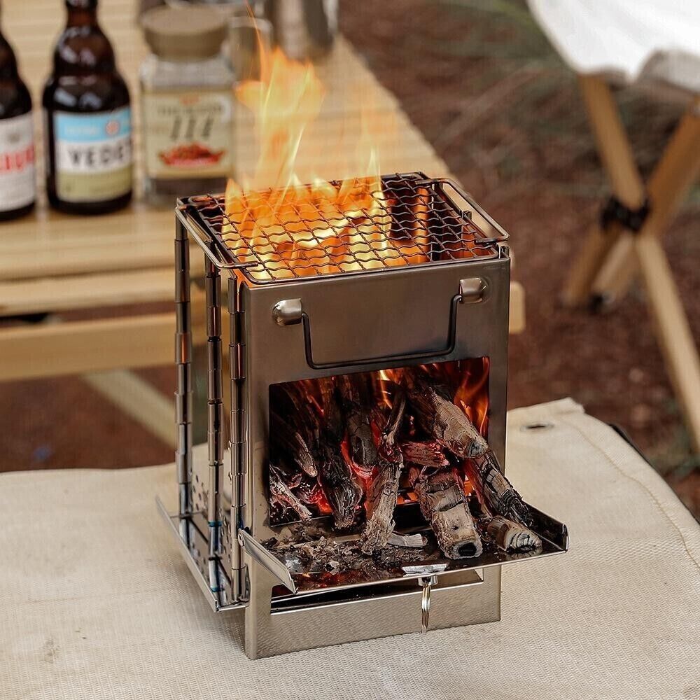 Outdoor Camping Mini Fold Wood Burner Stainless Steel Grill BBQ Picnic Charcoal