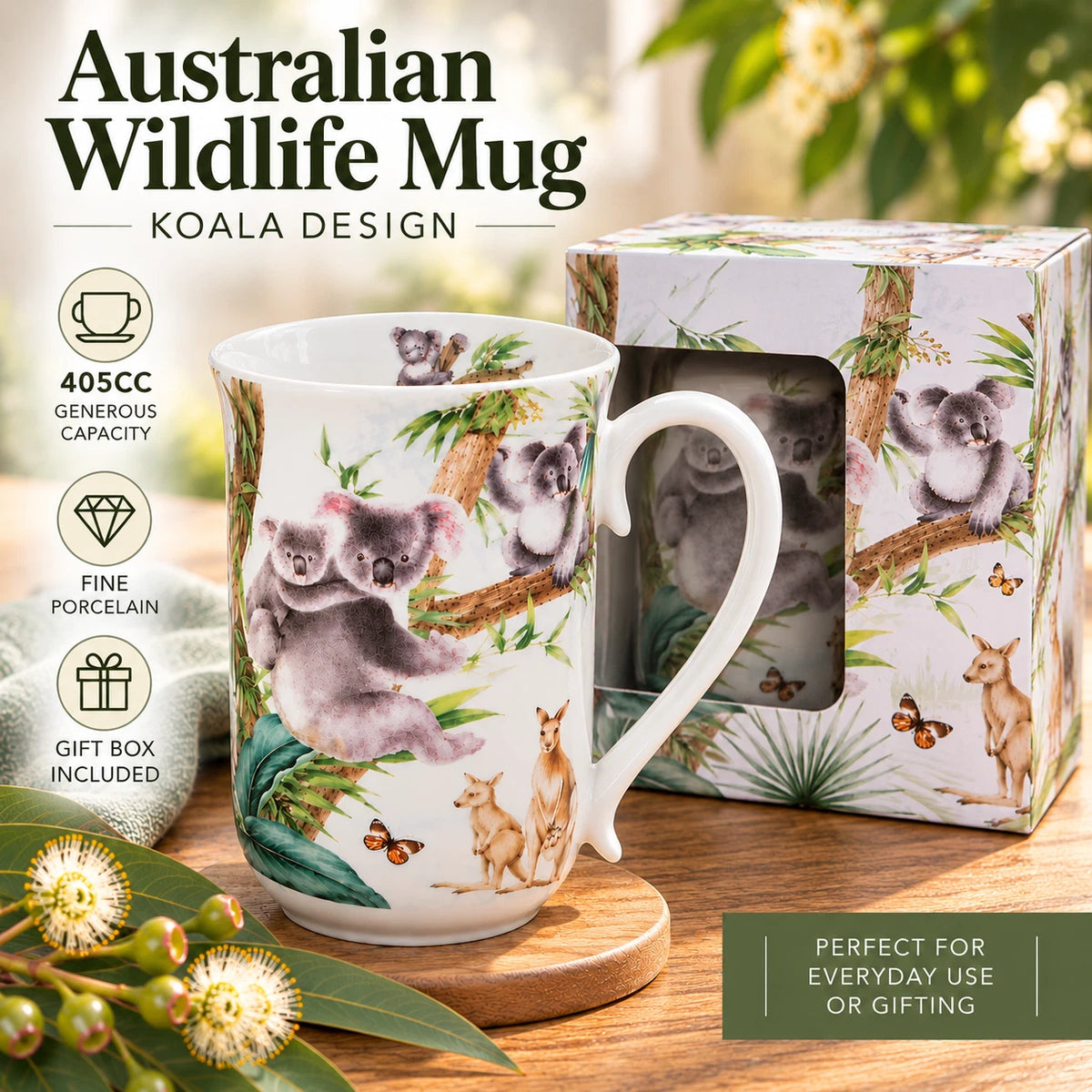 1-6x 405cc Australian Wildlife Koala Mug Fine Porcelain Coffee Tea Cup Gift Box