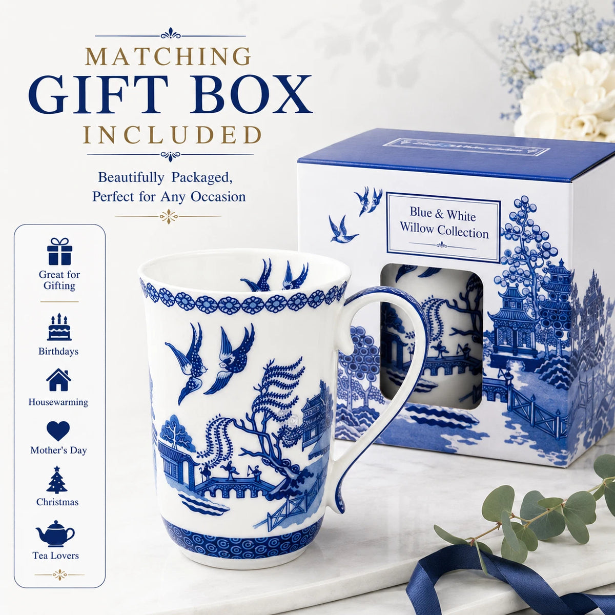 1-6x Classic Blue & White Willow Pattern Mug 405cc Porcelain Tea Coffee Cup Gift Set