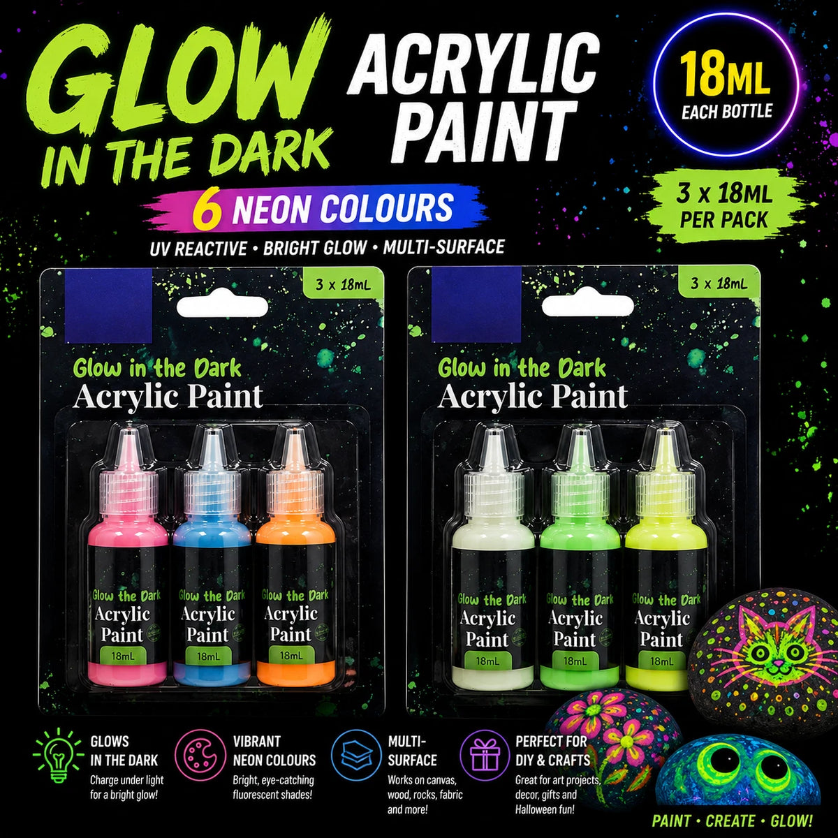 Glow in the Dark Acrylic Paint 2 pack 3 Bottle Set 18ML UV Reactive Neon DIY Craft Arts