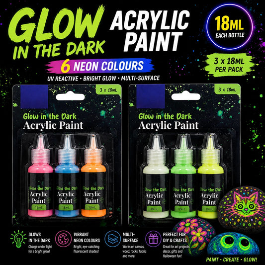 Glow in the Dark Acrylic Paint 2 pack 3 Bottle Set 18ML UV Reactive Neon DIY Craft Arts