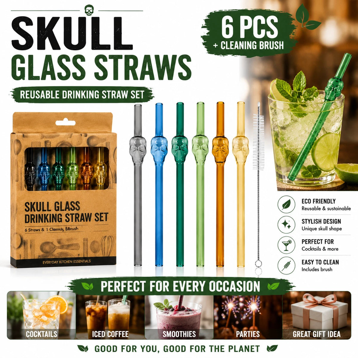 6PCS Skull Glass Drinking Straws 20cm Reusable Cocktail Barware Cleaning Brush