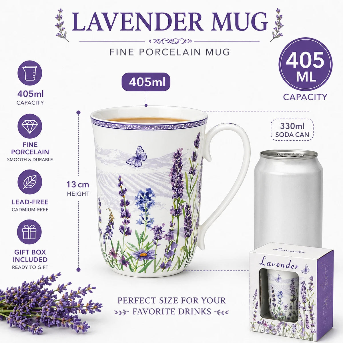 1-6x Lavender Floral Mug 405ml Fine Porcelain Tea Coffee Cup Mother's Day Gift