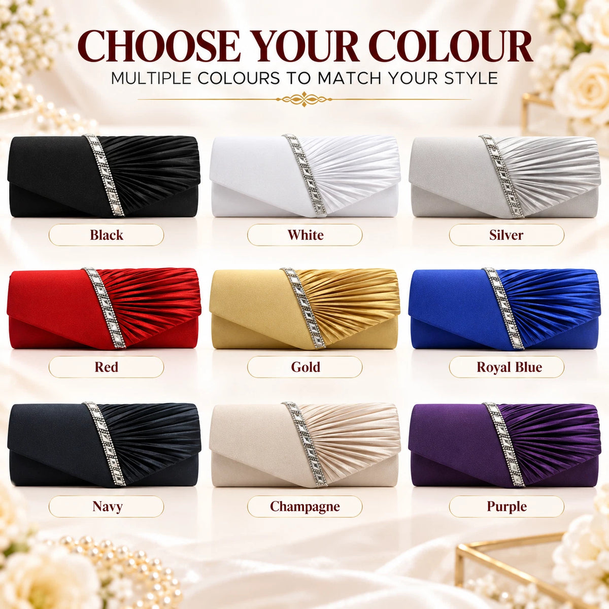 Women Satin Pleated Diamante Evening Clutch Bag Wedding Bridal Party Chain Bags 8 Colour