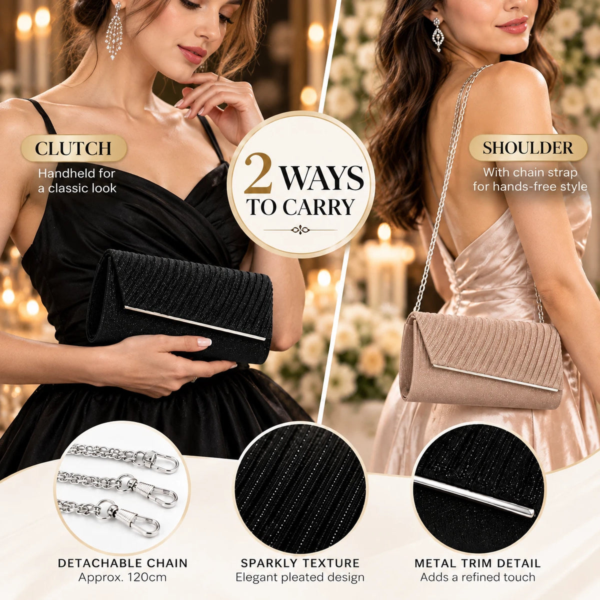 Women Sparkly Evening Clutch Bag Wedding Party Prom Handbag Shoulder Chain Purse