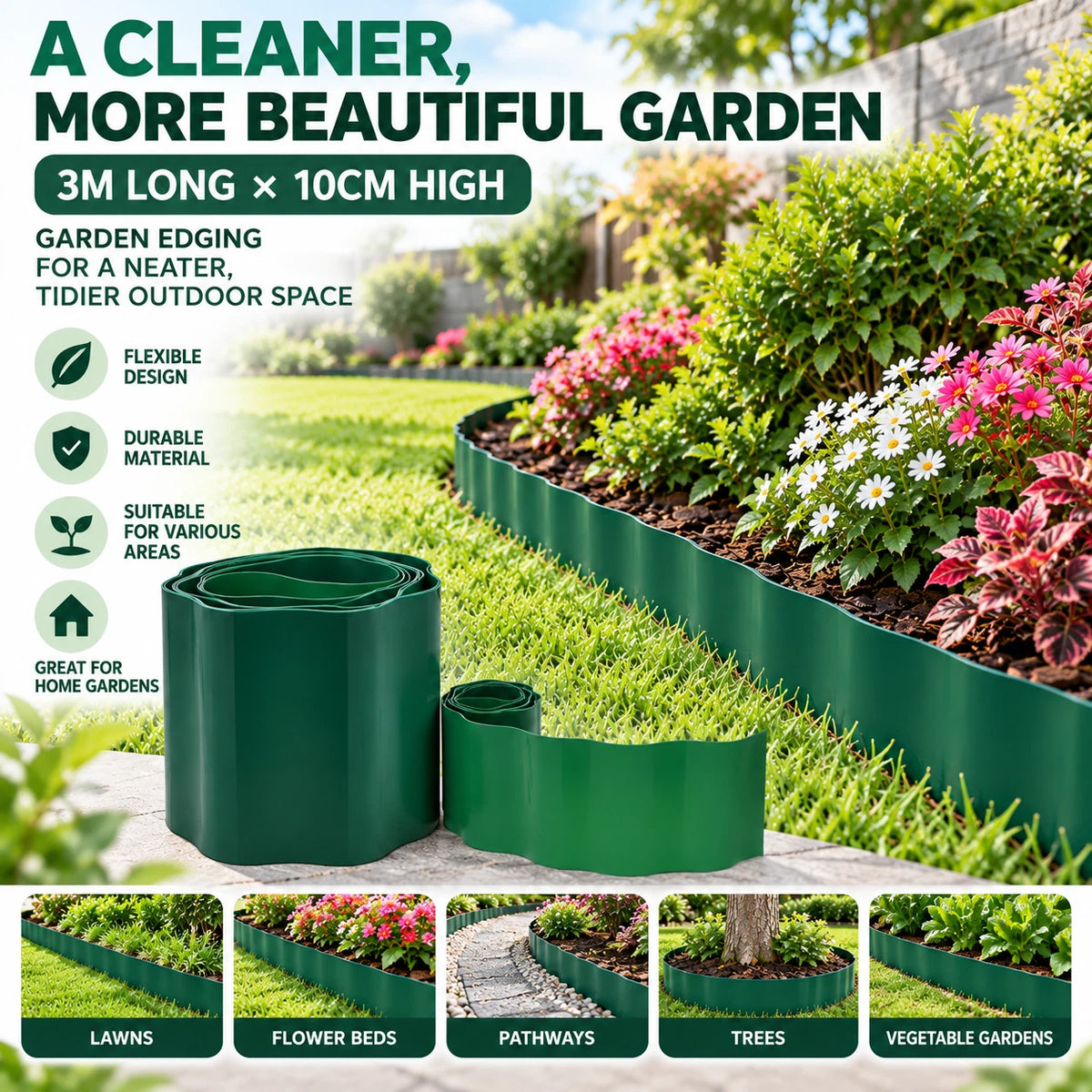 2 Pack 3M x 10CM Garden Edging Lawn Landscape Border Flexible Garden Bed Edge Green
