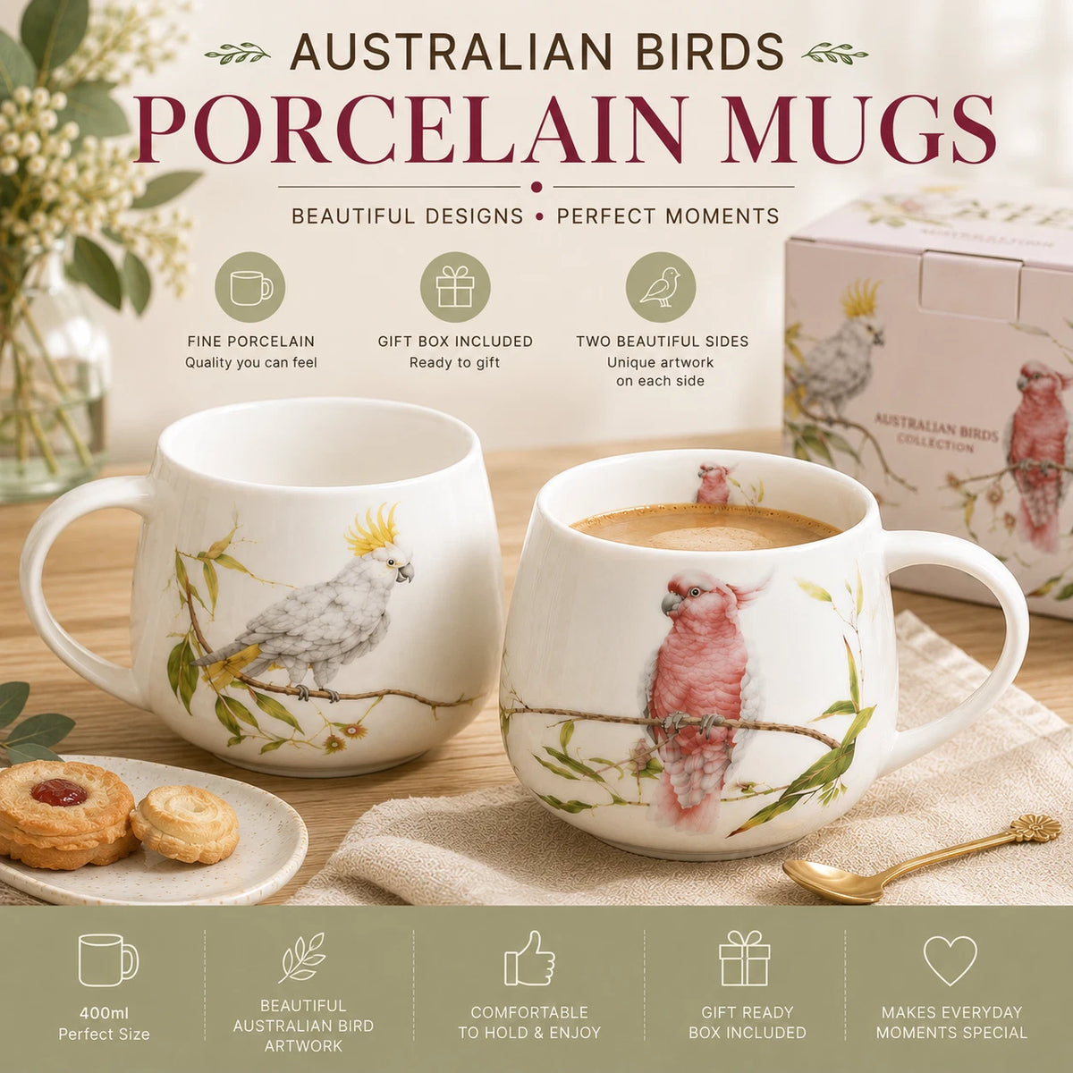 1-6x Australia Bird 400cc Fine Porcelain Coffee Mug Cockatoo Pink Yellow Tea Cup Gift