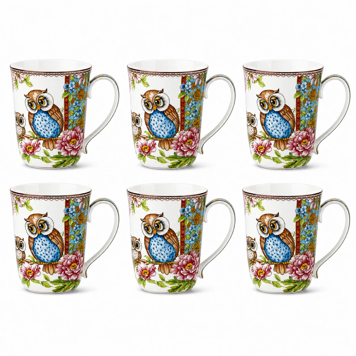 1-6x Owl 405ml Fine Porcelain Coffee Mug Tea Cup Floral Gift Box Gift Box