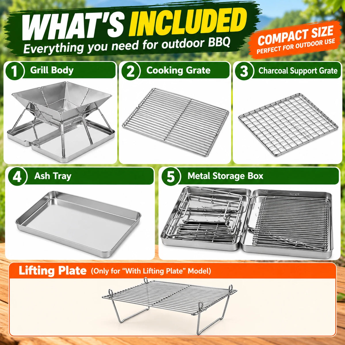 Portable Folding Charcoal BBQ Grill Stainless Steel Camping Outdoor Barbecue Set