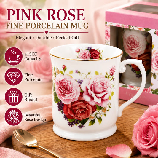 1-6x Vintage Pink Rose Mug 415ml Fine Porcelain Coffee Tea Cup Floral Gift