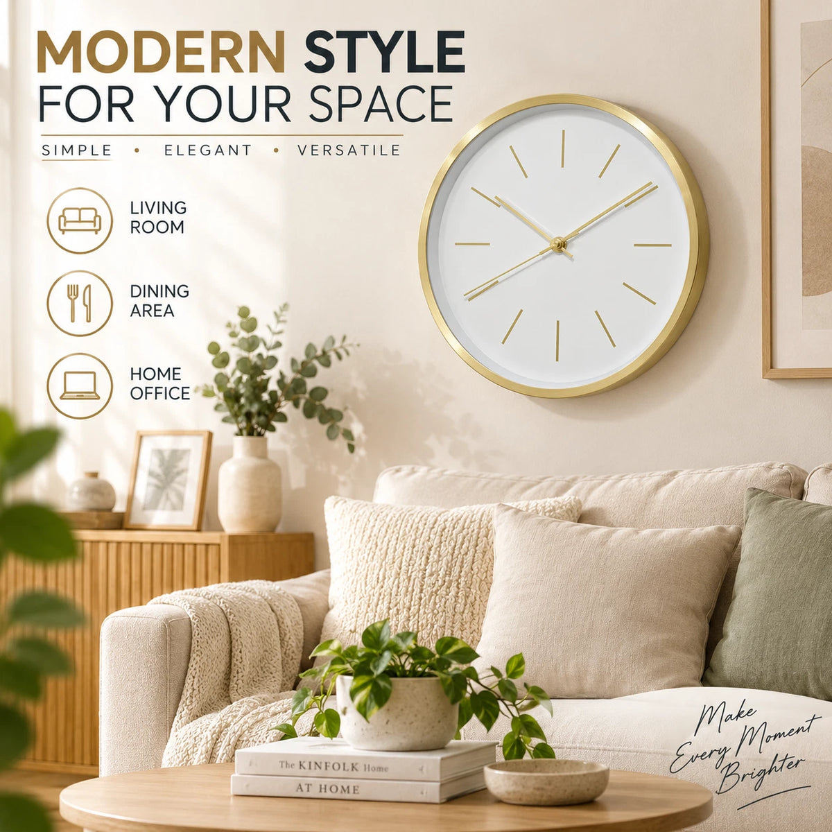 30cm Modern Wall Clock White Gold Minimalist Analogue Round Home Office Decor