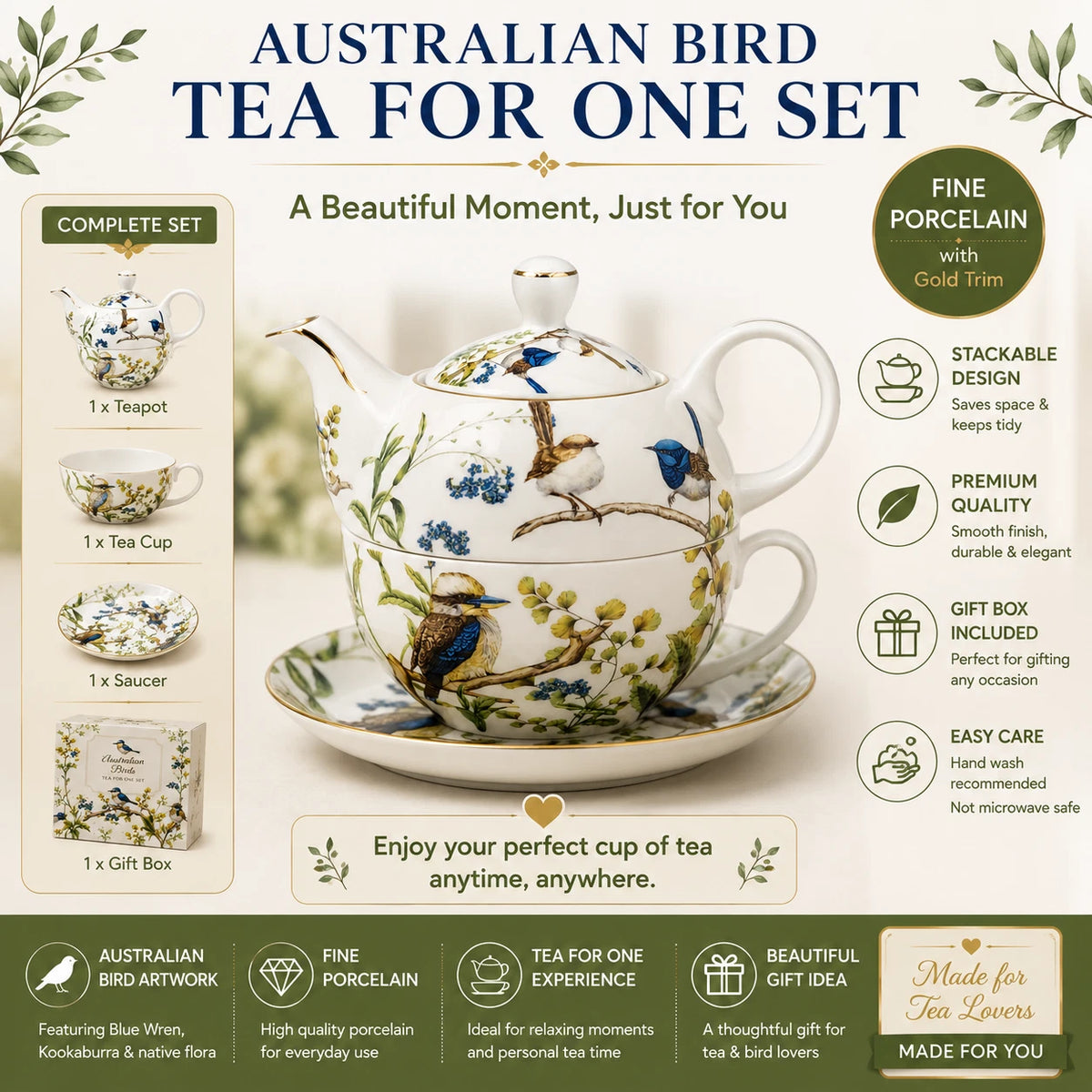 Australian Bird Tea For One Set Teapot Cup Fine Porcelain China Gift Afternoon