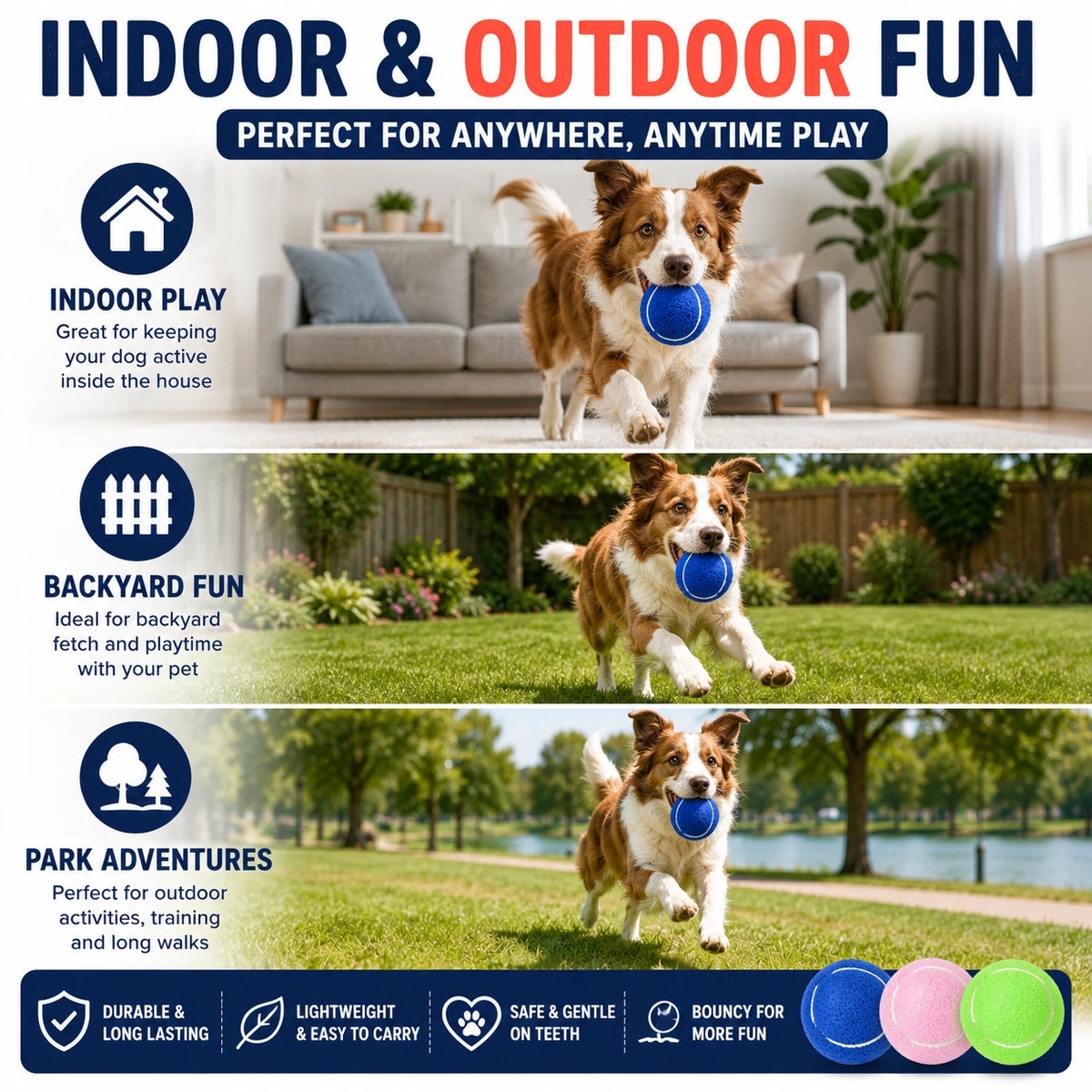 3 PCS Dog Tennis Balls 7cm Pet Toy Ball Bouncy Chew Fetch Play Puppy Training