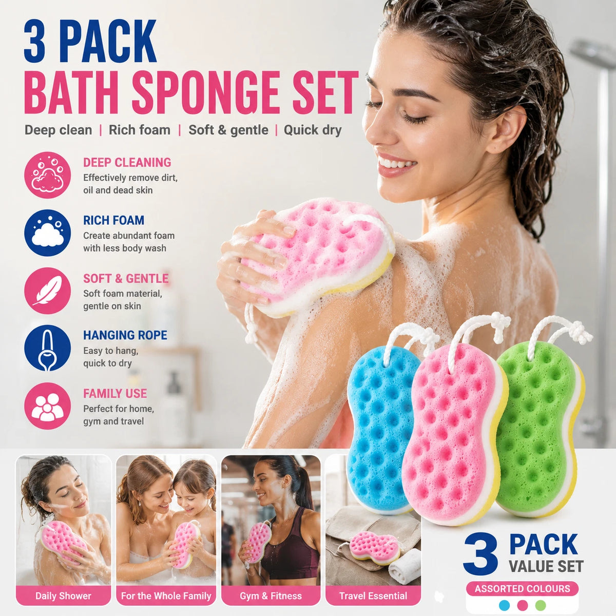 3x Bath Shower Sponge w Rope Deep Cleaning Body Scrubber Exfoliating Soft Foam