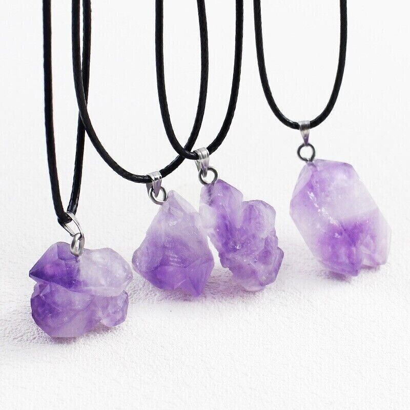 Fashion Irregular Amethyst Pendant Raw Stone Necklace Wax Rope Lady Jewelley