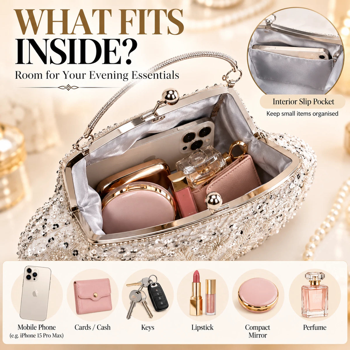 Women Beaded Sequin Evening Bag Clutch Wedding Bridal Prom Party Handbag Purse