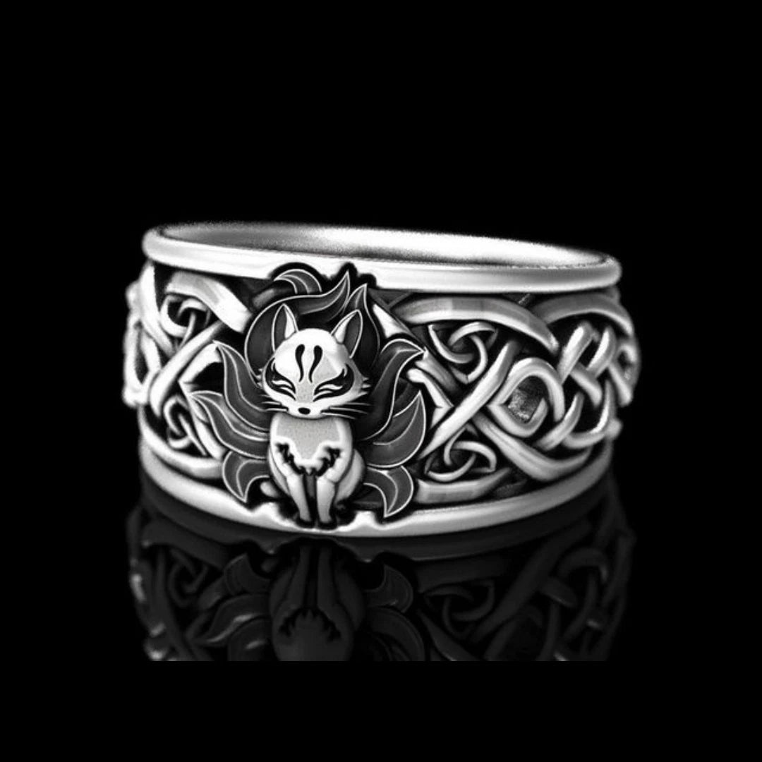 Men Nine-tailed Fox Ring Mythical Spirit Animal Jewelry Celtic Knot Wide Band # R256