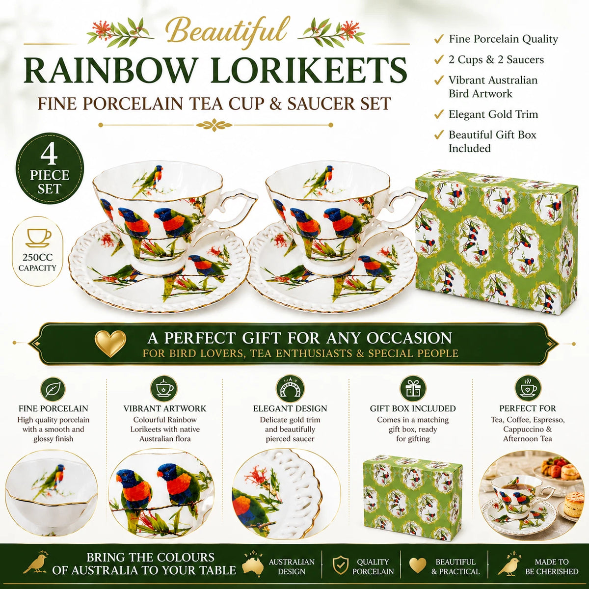 Set of 2 Cups & Saucers 250cc Rainbow Lorikeets Bird Fine Porcelain Gift Box