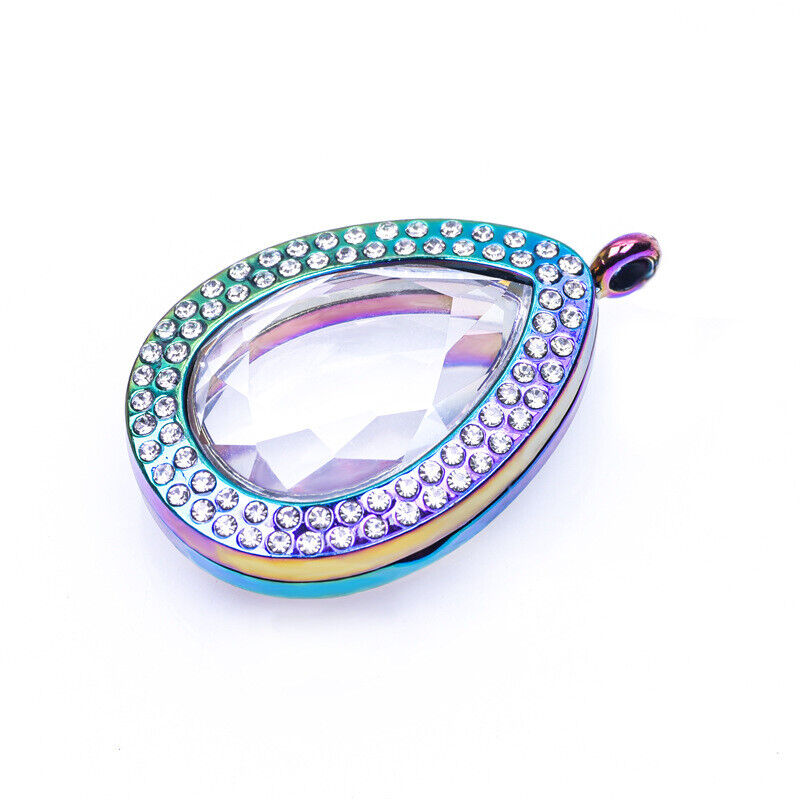 Living Memory Floating Teardrop Rainbow Crystal Glass Locket Pendant Necklace