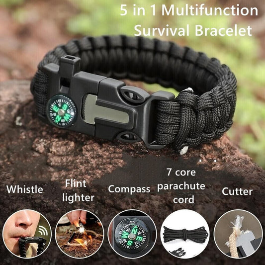 5 in 1 Multifunction Survival Bracelet Umbrella Rope Braided Whistle Flintstone