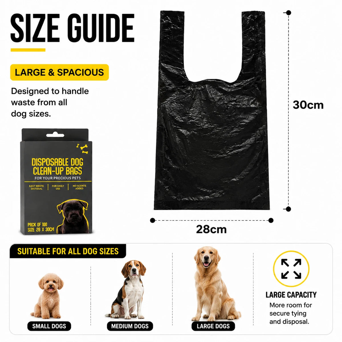 100x Dog Poop Bags Disposable Waste Bags Large 28x30cm T-Shirt Clean Up Black