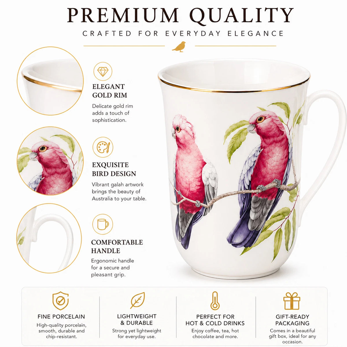 1-6x Australian Galah Bird Coffee Mug Fine Porcelain Tea Cup 405ml Mother's Day Gifts