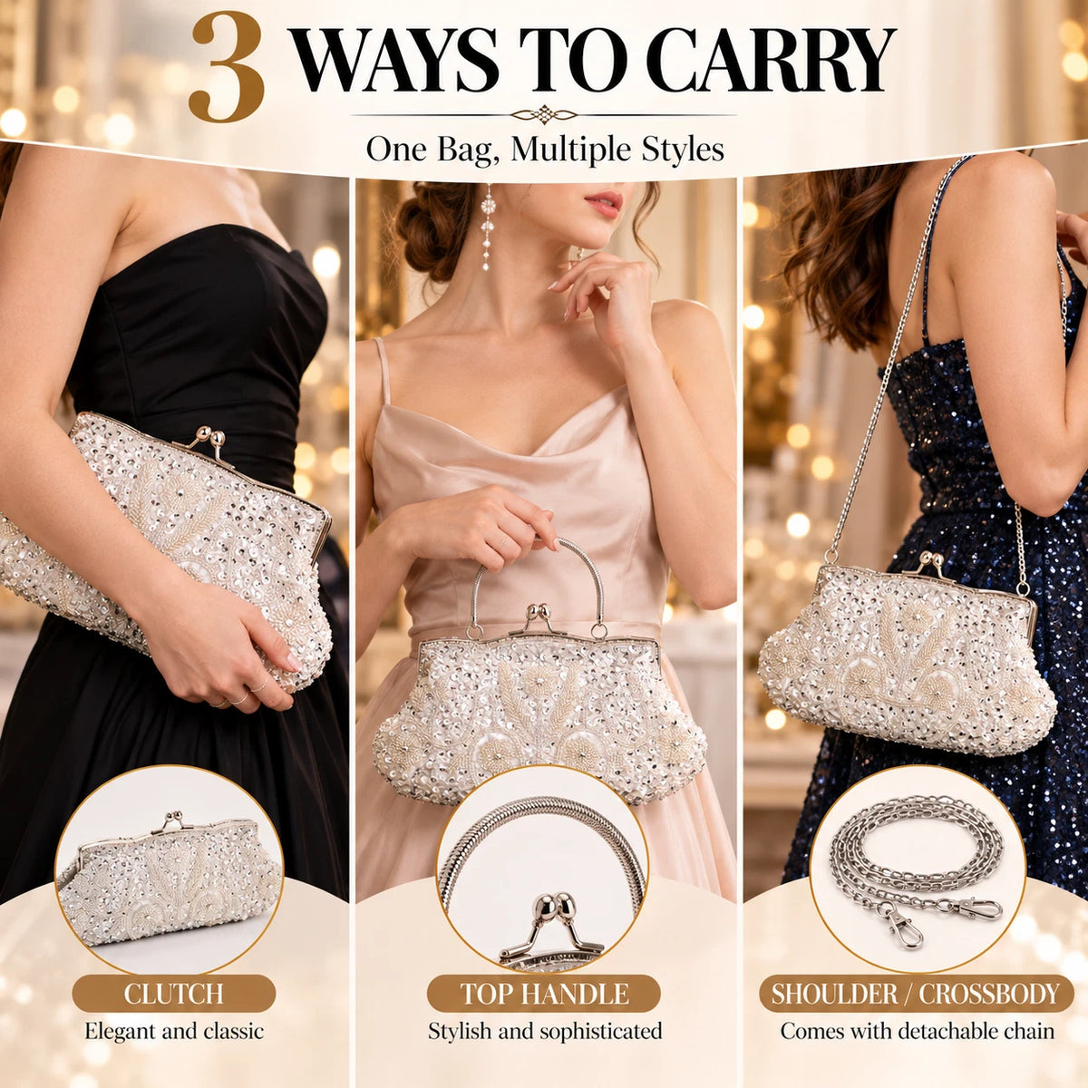 Women Beaded Sequin Evening Bag Clutch Wedding Bridal Prom Party Handbag Purse