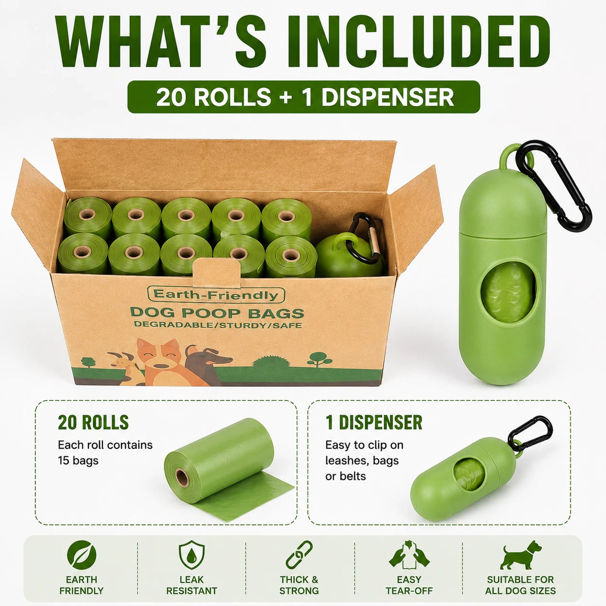Share 20 Rolls Dog Poop Bags with Dispenser Strong Leak Resistant Waste Bags Easy Tear