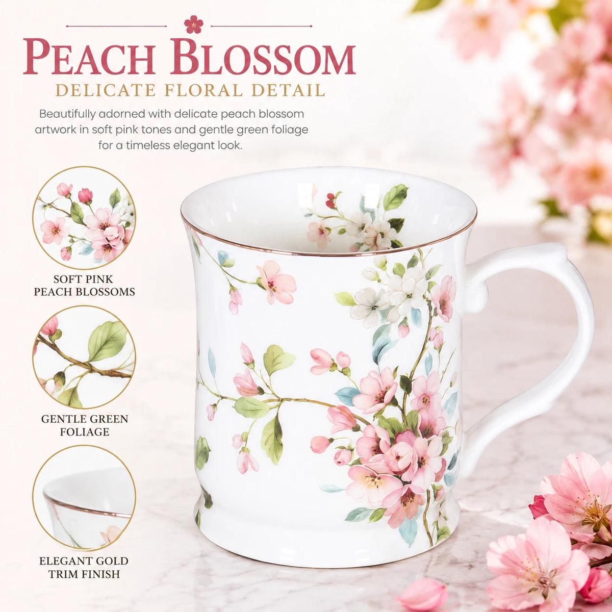 Peach Blossom White Fine Porcelain Mug 415ml Floral Coffee Tea Cup Gift Box 1-6X