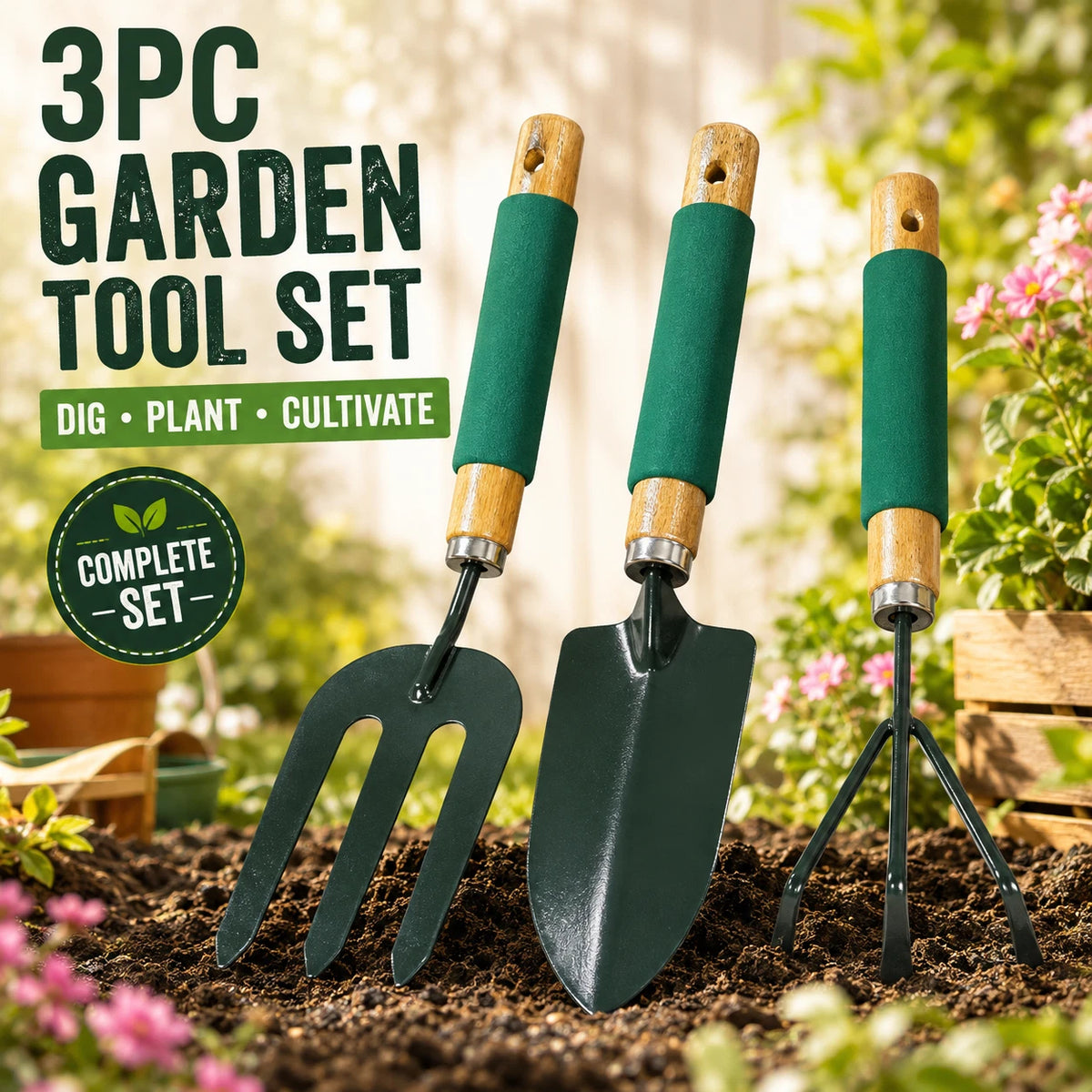 3 Pieces Garden Tool Set Hand Trowel Fork Cultivator Digging Planting Weeding
