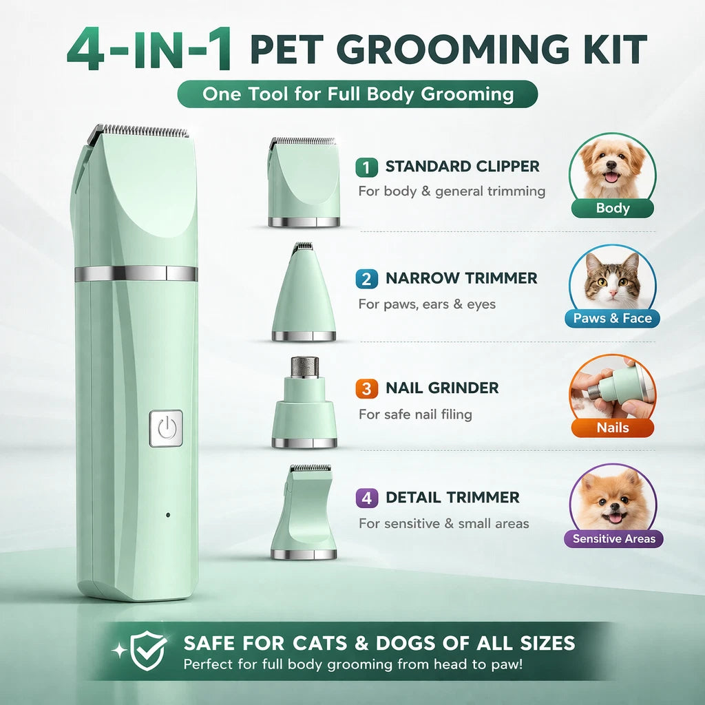 4 in 1 Pet Grooming Clipper Kit Dog Cat Hair Trimmer Nail Grinder Low-noise USB