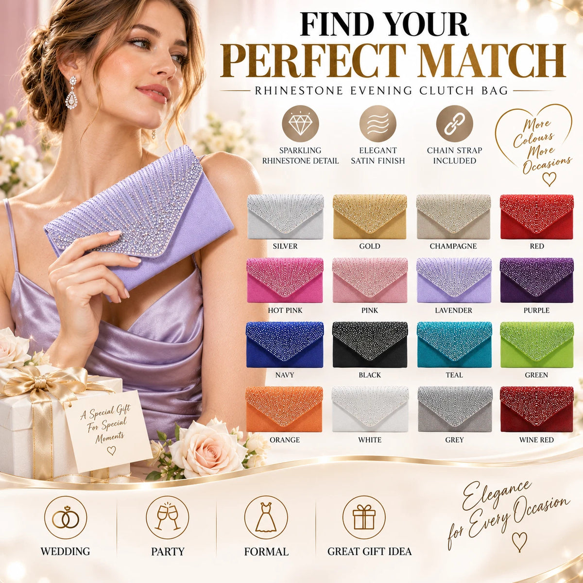 Women Rhinestone Satin Evening Clutch Bag Wedding Party Formal Bridal Handbag 12 Colour