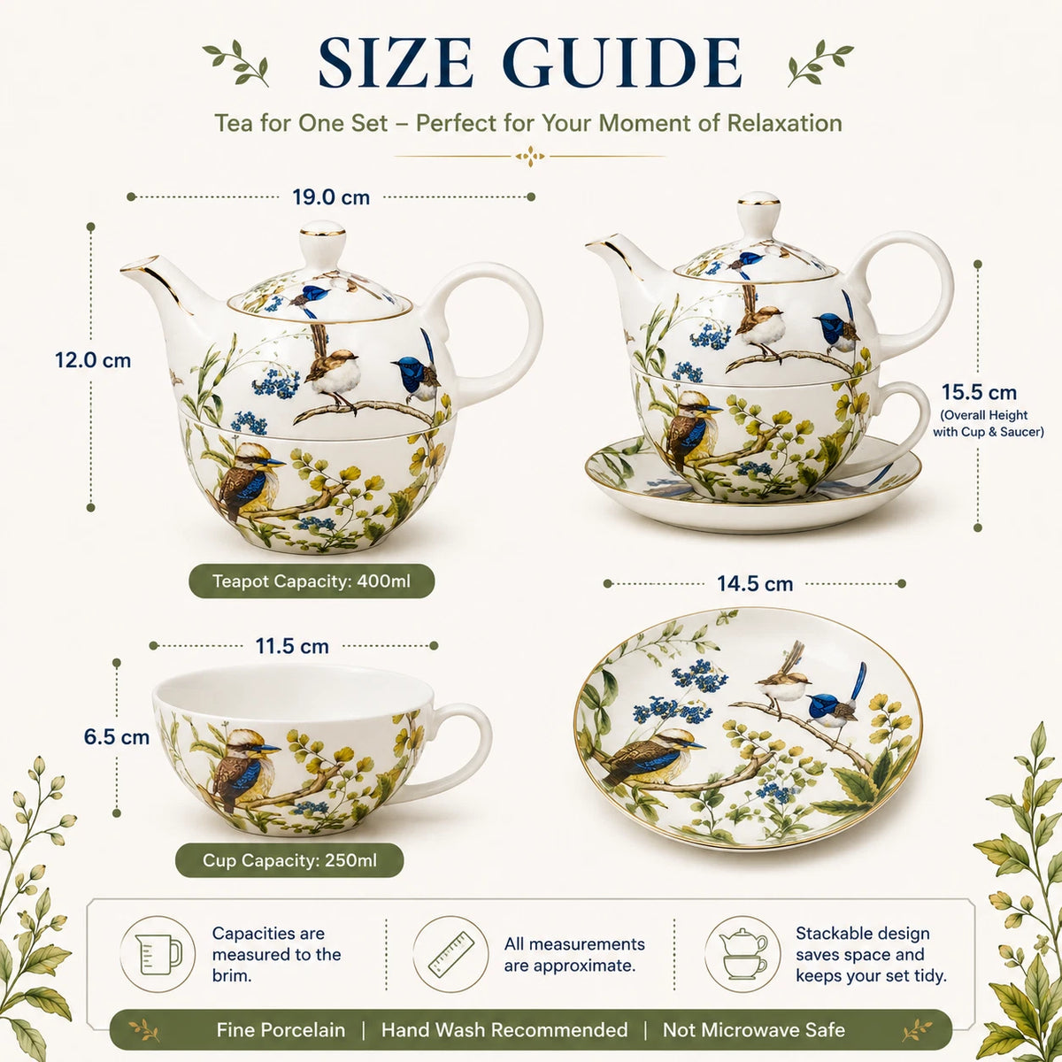 Australian Bird Tea For One Set Teapot Cup Fine Porcelain China Gift Afternoon