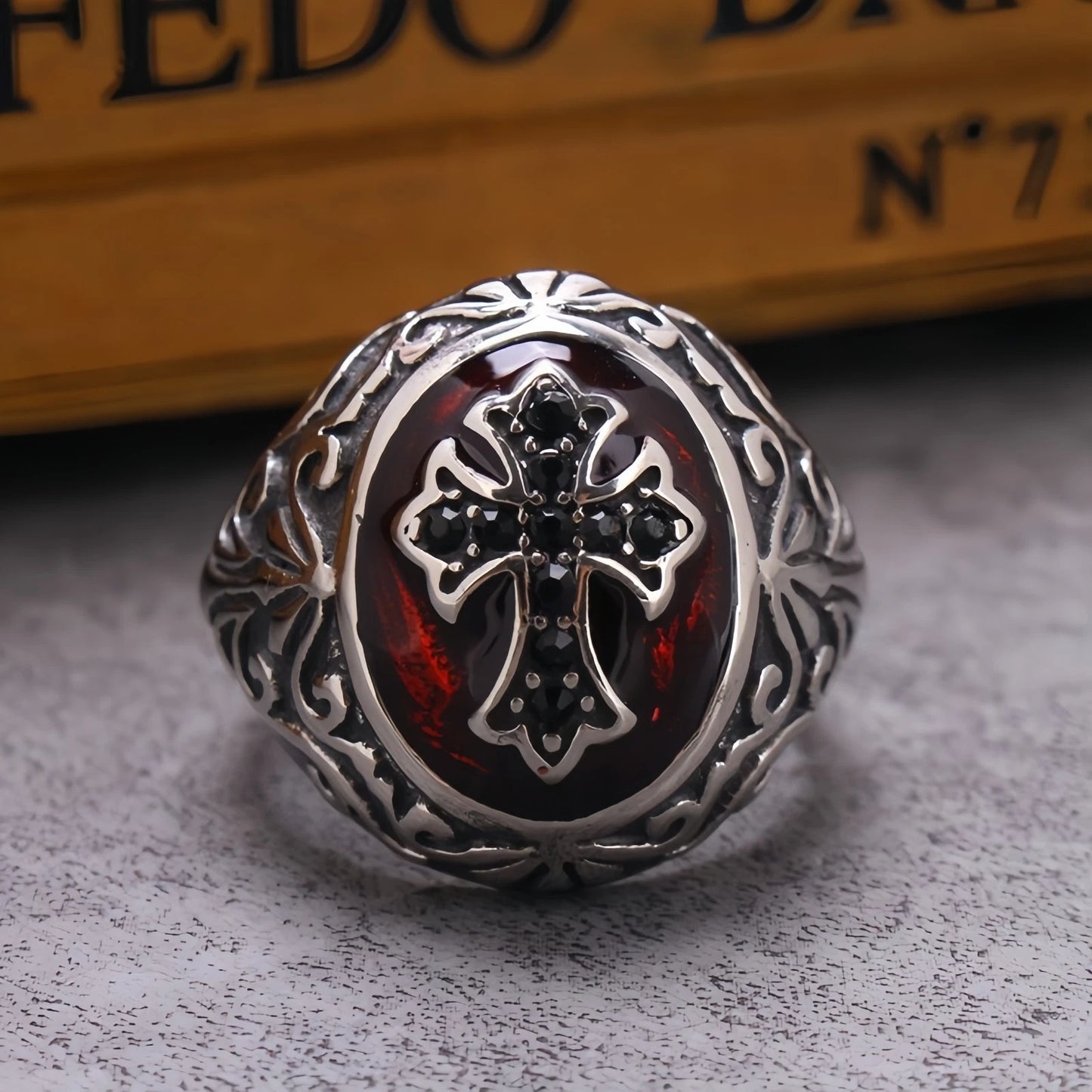 Men Gothic Cross Ring Silver with Black Cross & Red Inlay Punk Biker Signet Band # R37